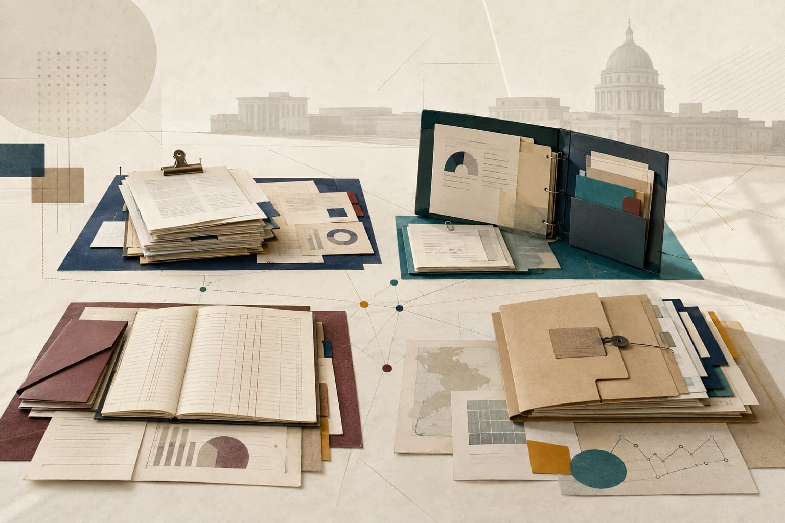 Four groups of public records arranged on a research table with a civic building in the distance.